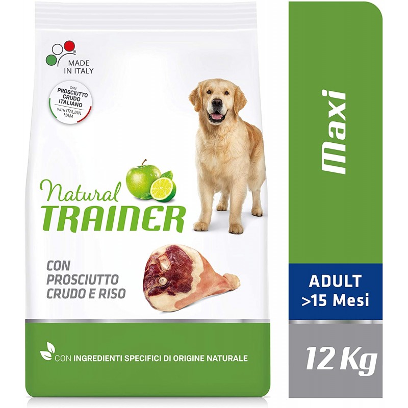 Natural TRAINER PROSCIUTTO maxi Crocchette per Cani Adulti Taglia GRANDE KG12